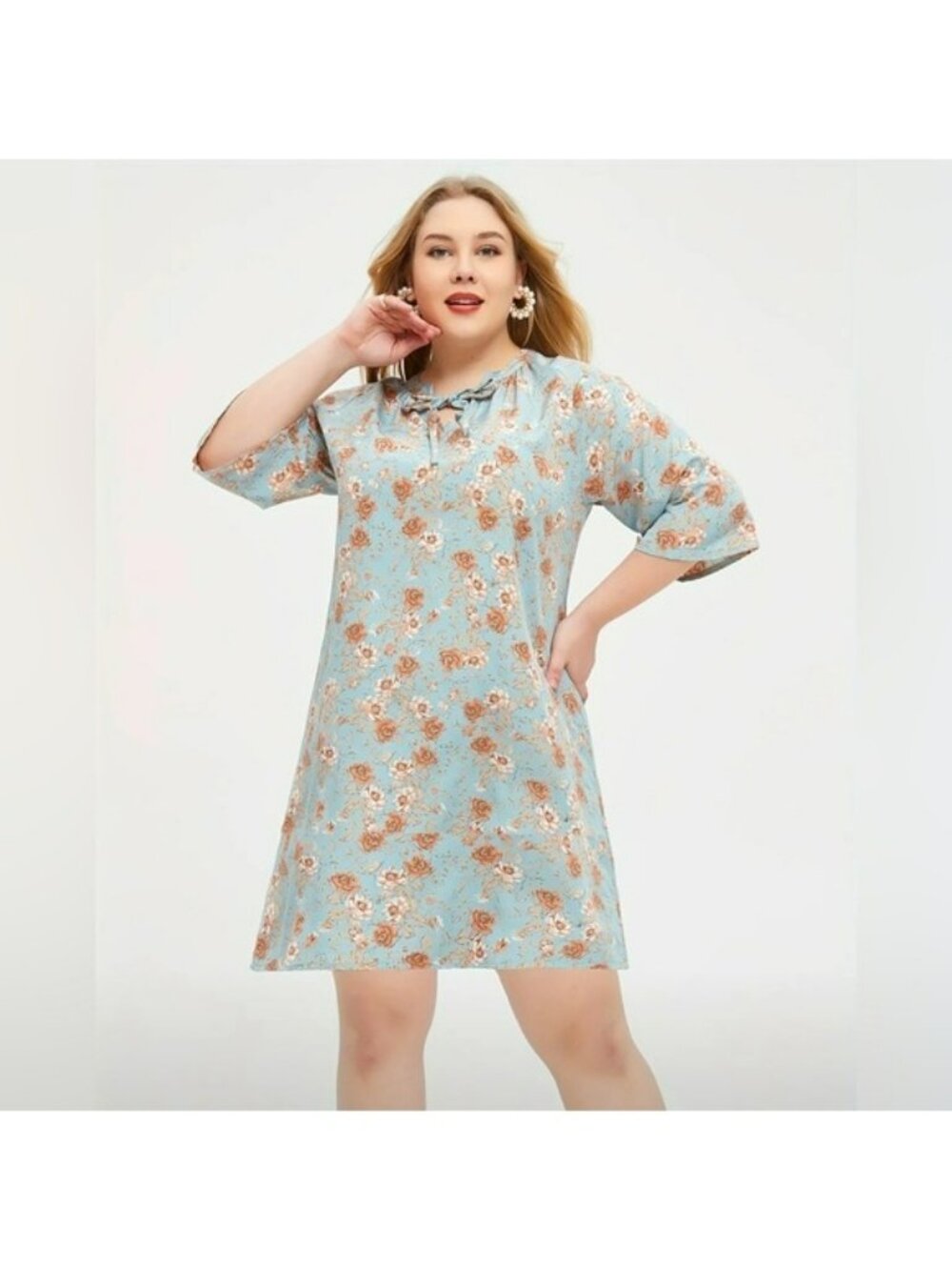 Floral Tie-Neck Light Blue A-Line Dress